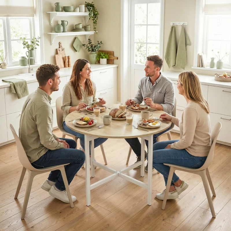 HOMCOM Klappbarer Esstisch, 80 cm Runder Klapptisch mit Stahlrahmen, Platz für 2-4 Personen, Naturholz-Optik