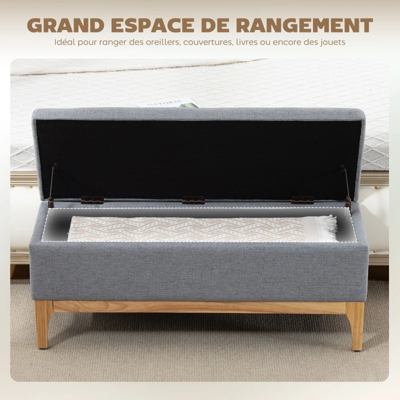 HOMCOM Banc de rangement, coffre de rangement avec couvercle amovible style scandinave, en tissu lin, 110 x 39 x 45 cm, gris