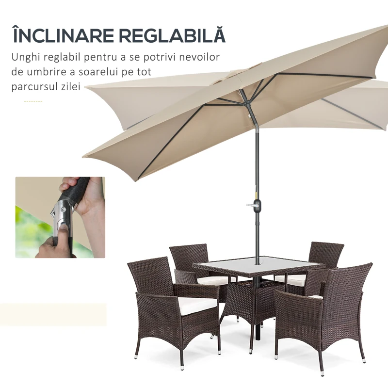 Outsunny Umbrelă de Grădină Înclinabilă cu Manivelă și 6 Spiţe, 2x3 m, Gri Închis