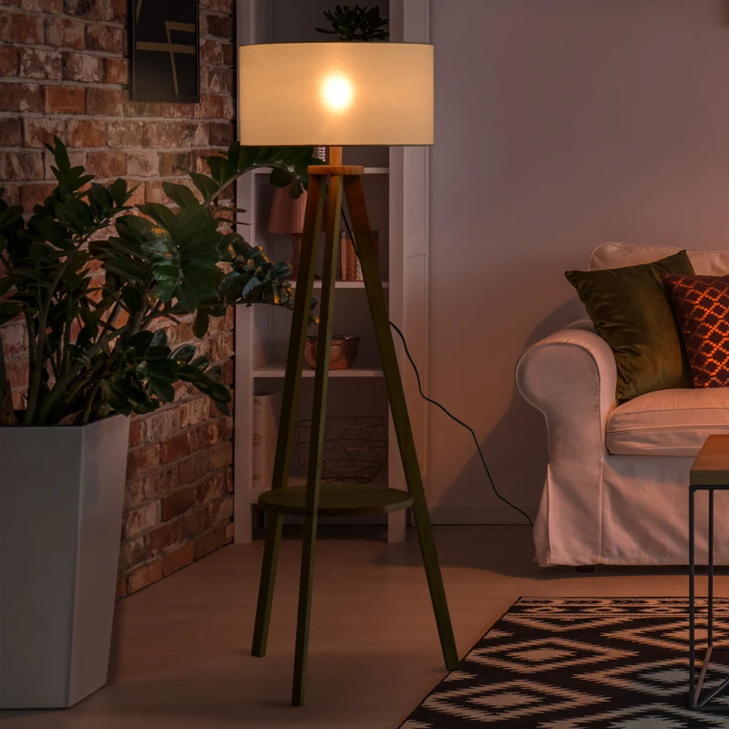 HOMCOM Lampadaire trépied design scandinave dim. 50L x 50l x 154 cm 40 W max. étagère intégrée bois massif pin abat-jour toile lin beige