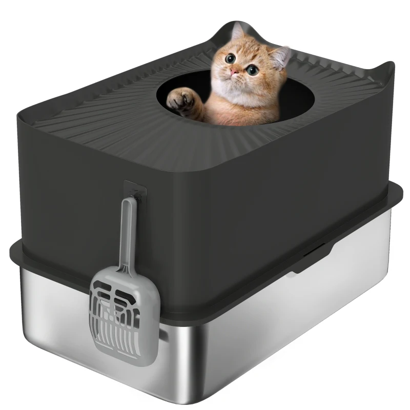 PawHut Bac à litière pour chat en acier inoxydable 85L grande capacité maison de toilette semi-fermée, 60 x 40 x 38 cm noir