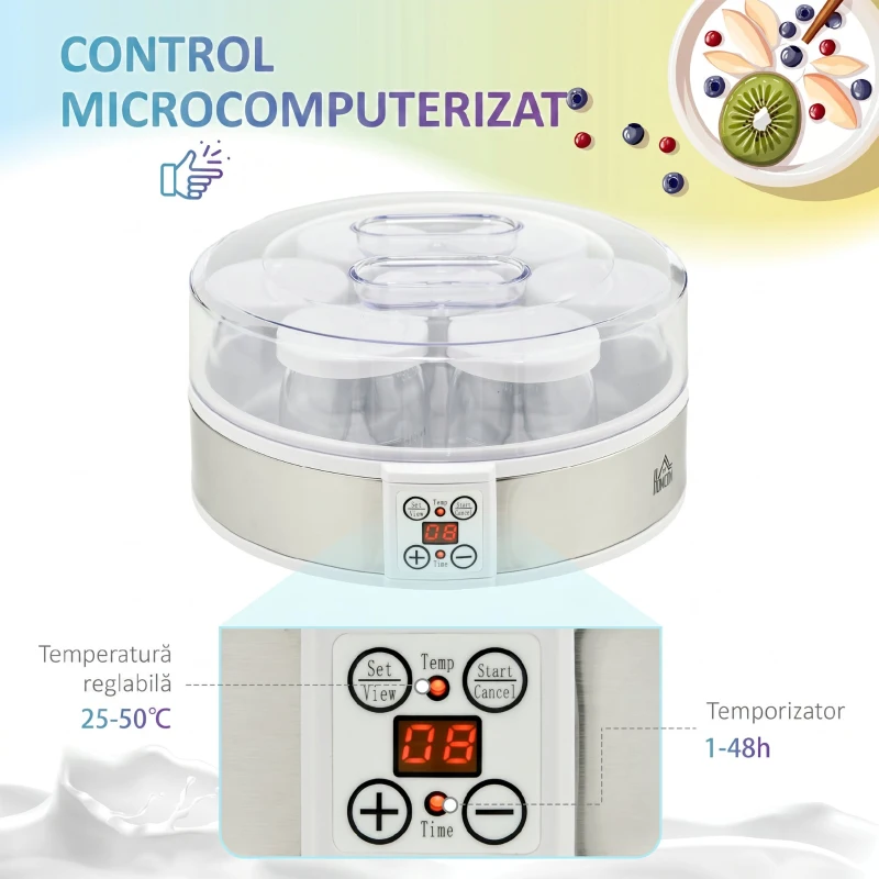 HOMCOM Aparat pentru iaurt 20W de 1.5L cu 7 borcane și afișaj cu butoane, din oțel inoxidabil și plastic, 24x24x13 cm, alb
