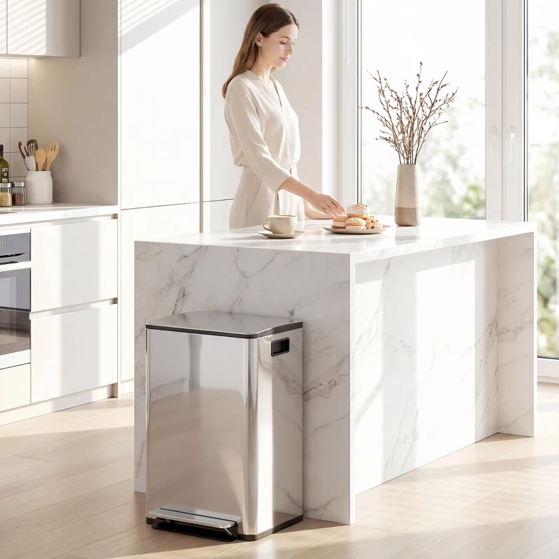 HOMCOM Poubelle de cuisine 2 compartiments de 2 x 20L, avec pédale, en acier inoxydable, couvercle à fermeture douce