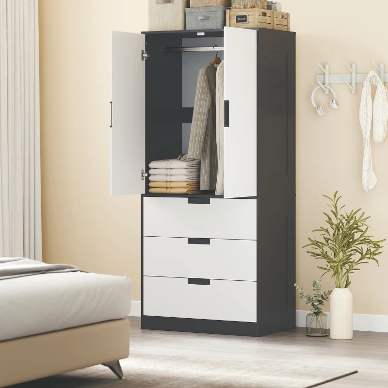 HOMCOM 2 Door Wardrobe, Modern Wardrobe with 3 Drawers and Hanging Rod for Bedroom, Black