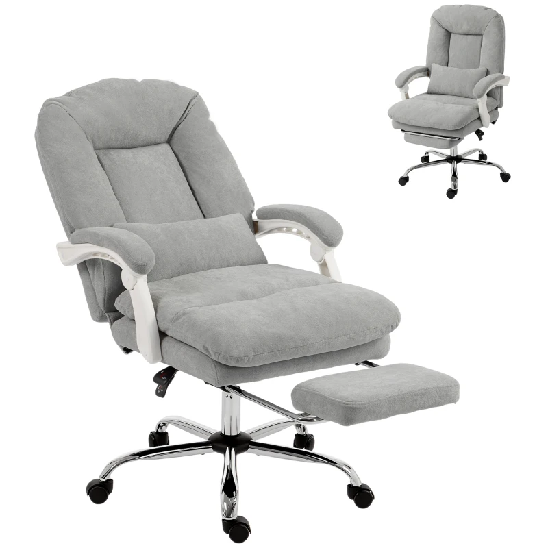 Homcom Silla de Oficina Ergonómica, Sillón Reclinable en Terciopelo con Soporte Lumbar, Altura Ajustable, Gris Claro