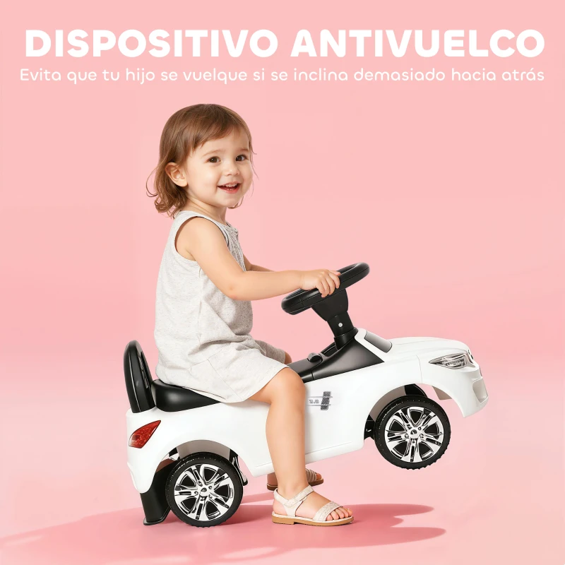 HOMCOM Coche Correpasillos para Niños de 18-36 Meses con Faros Música Bocina Volante Espacio de Almacenaje y Asa Blanco