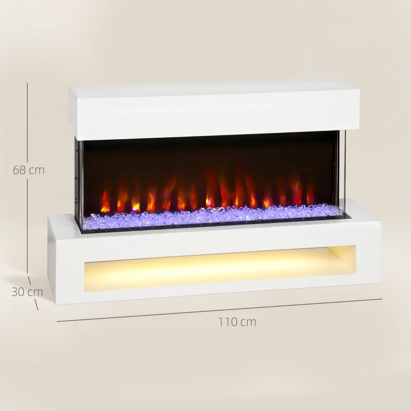 HOMCOM Elektro-Kamin mit 11 Flammenfarben, 10 Kristallbett-Farben, 1000W/2000W, Fernbedienung, vielseitig einsetzbar, Weiß