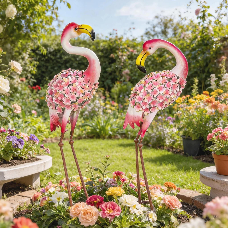 Outsunny Flamingo Gartenstatuen Set aus 2, Florale Feder-Metallvögel, Stehende Skulpturen mit Bodenankern, Rot