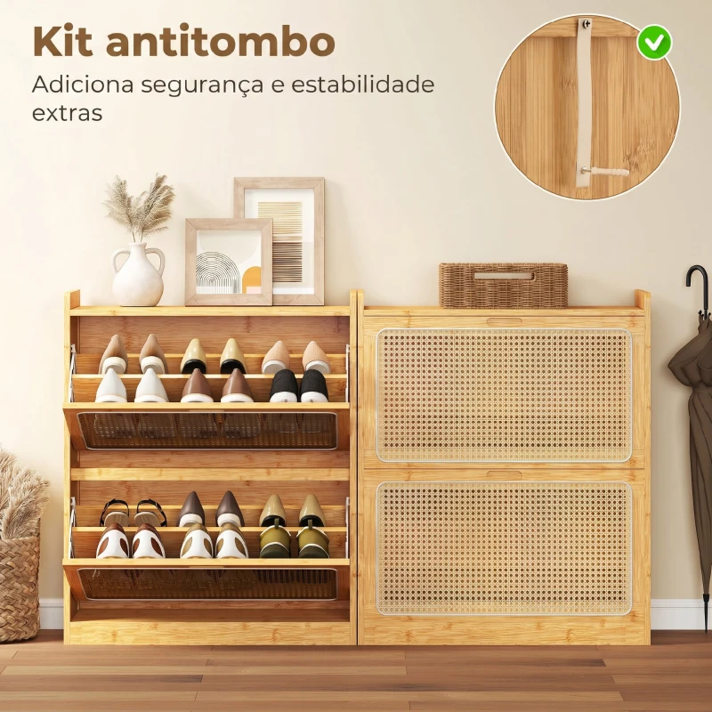 HOMCOM Sapateira com 2 Compartimentos Basculantes Sapateira Estilo Bohemio Estreita com Prateleiras Ajustáveis para 12-14 Pares de Sapatos 69x29x83 cm Madeira