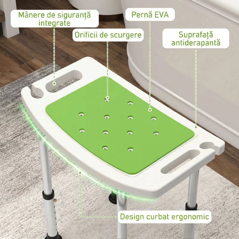 HOMCOM Scaun pentru duș din aluminiu și plastic antiderapant, înălțime reglabilă pe 6 nivele, 39-52cm, verde