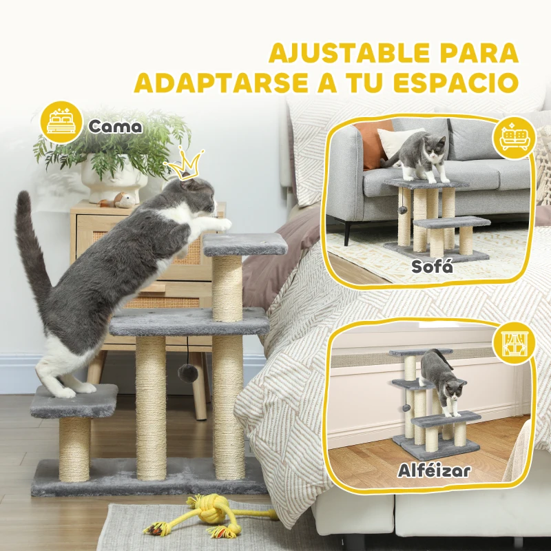PawHut Escalera para Gatos de 3 Peldaños Altura Ajustable con Postes Rascadores y Bola Colgante Carga 10 kg 52x34,5x54 cm Gris