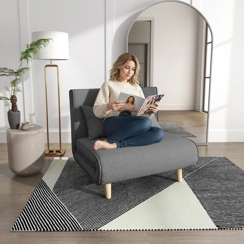 HOMCOM Fauteuil convertible 1 place, fauteuil-lit chauffeuse 3 en 1, dossier réglable, oreiller, tissu en lin, 94x78x80cm, gris