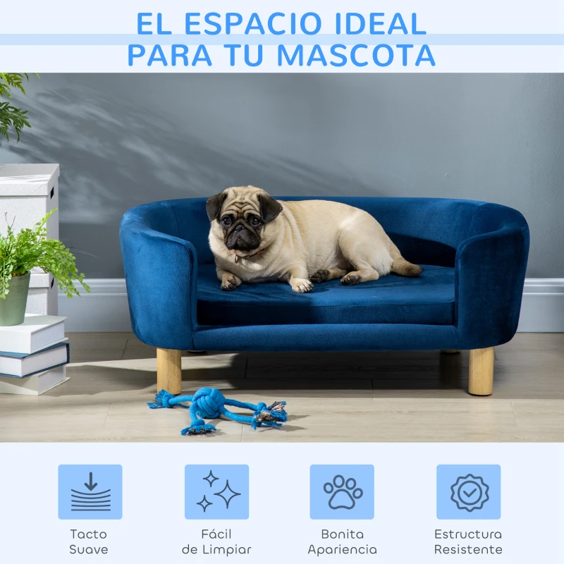 PawHut Sofá para Perros Pequeños con Patas de Madera Funda Lavable y Cojín Desmontable 86x55x33 cm Azul