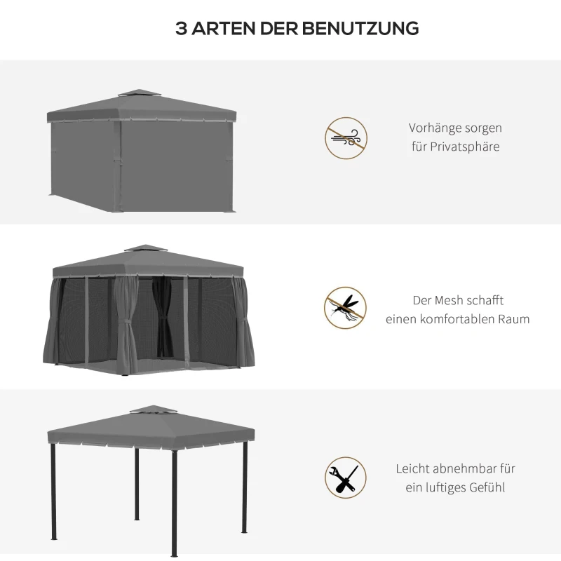 Outsunny Gartenpavillon Pavillon 2,96 x 2,96 m Gartenzelt mit Doppeldach Festzelt Partyzelt mit 4 x Seitenteile Moskitonetz wetterfest Aluminium Polyester Dunkelgrau