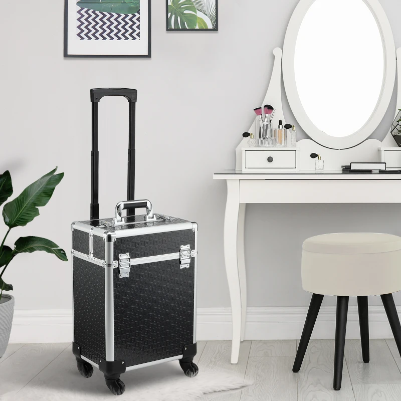 HOMCOM Valise trolley maquillage mallette cosmétique vanity poignée télescopique réglable 34L x 24l x 52H cm alu. noir