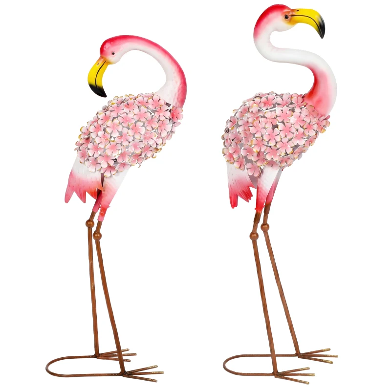 Outsunny Flamingo Gartenstatuen Set aus 2, Florale Feder-Metallvögel, Stehende Skulpturen mit Bodenankern, Rot