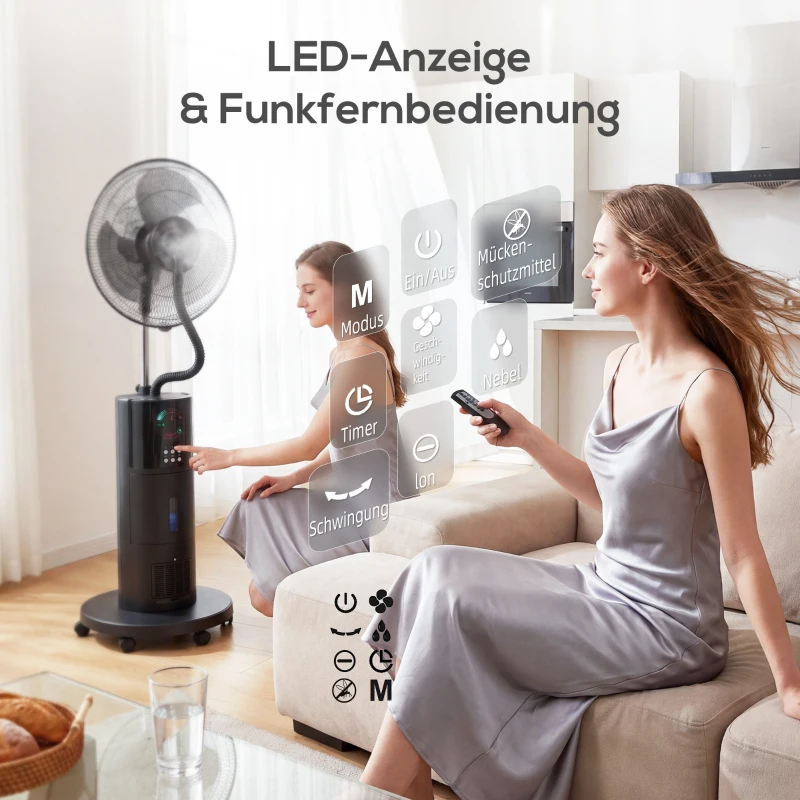 HOMCOM 4-in-1 Standventilator mit Wassernebel Luftreiniger Mückenschutz 9-Stunden-Timer 3 Modi Fernbedienung Schwarz