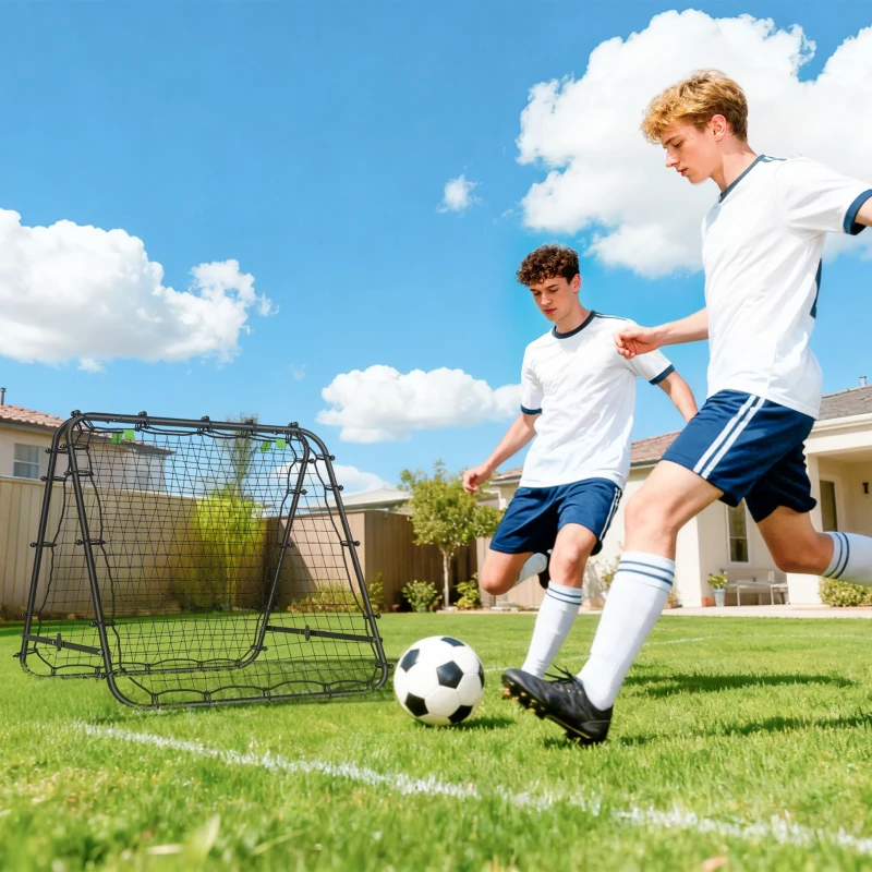 HOMCOM Filet de rebond double face 91 x 91 cm filet de rebond football pliable réglable dans 5 angles structure en acier noir