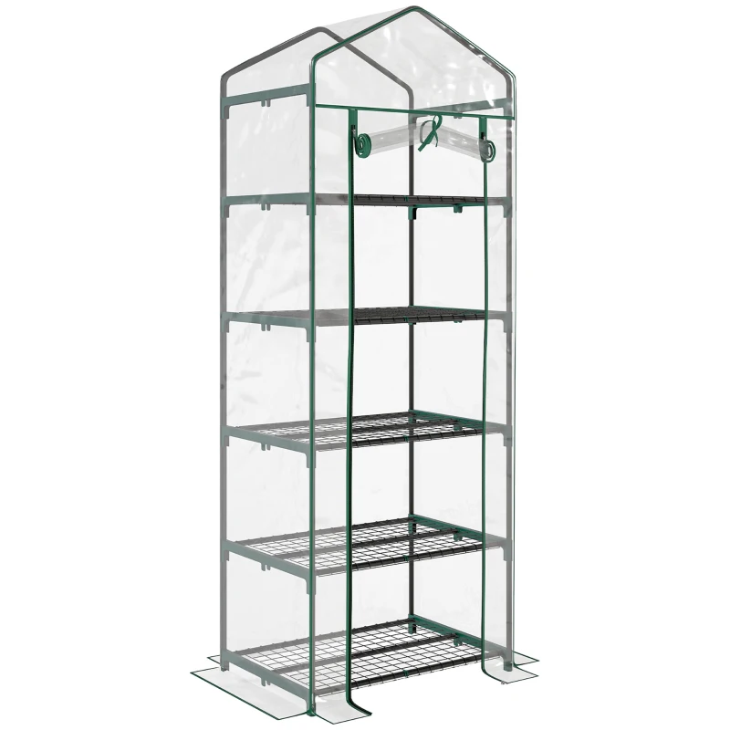 Outsunny Serre de jardin PVC avec étagères 5 niveaux, serre de balcon, bâche renforcée 135 g/m², châssis en acier, porte zippée enroulable, pour légumes plantes fleurs, 69 x 49 x 193 cm, transparent