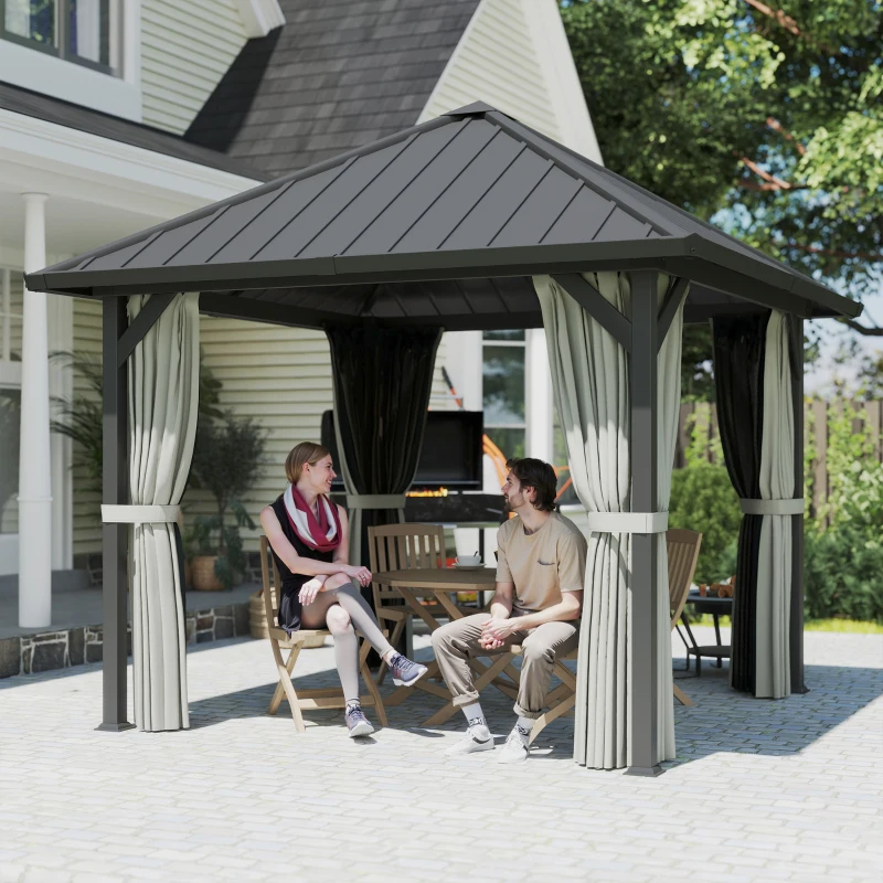 Outsunny 3 x 3(m) Hardtop Gazebo with Galvanised Steel Roof and Water Gutter, Waterproof Permanent Pavilion Garden Gazebo with Netting and Curtains for Patio, Deck, Black