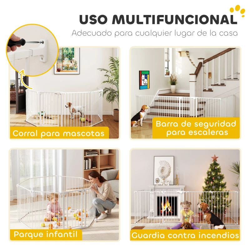 PawHut Barrera para Perros Plegable Valla para Mascotas de 6 Paneles Puerta con Cierre Doble para Escalera Pasillo Blanco