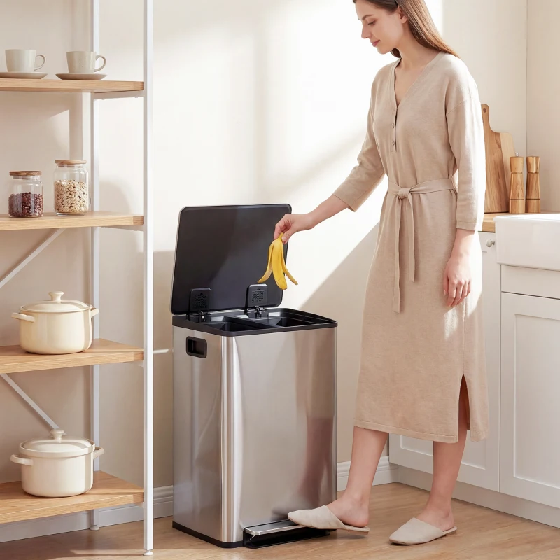 HOMCOM Poubelle de cuisine 2 compartiments de 2 x 20L, avec pédale, en acier inoxydable, couvercle à fermeture douce