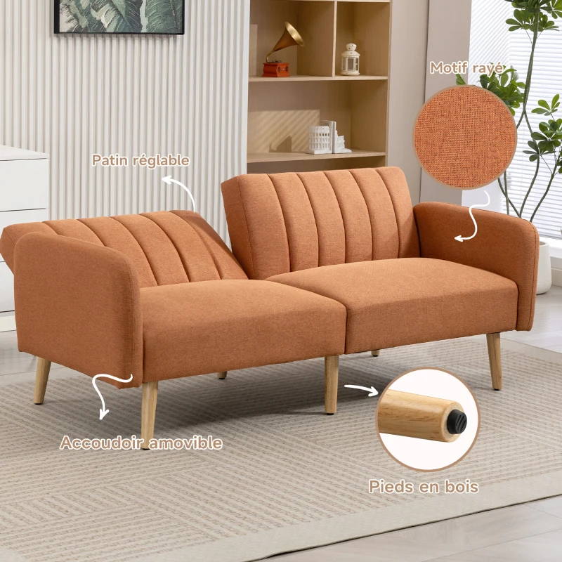 HOMCOM Canapé Convertible 2 Places Design scandinave Dossier inclinable 3 Positions Pieds Bois Tissu Aspect Lin marron