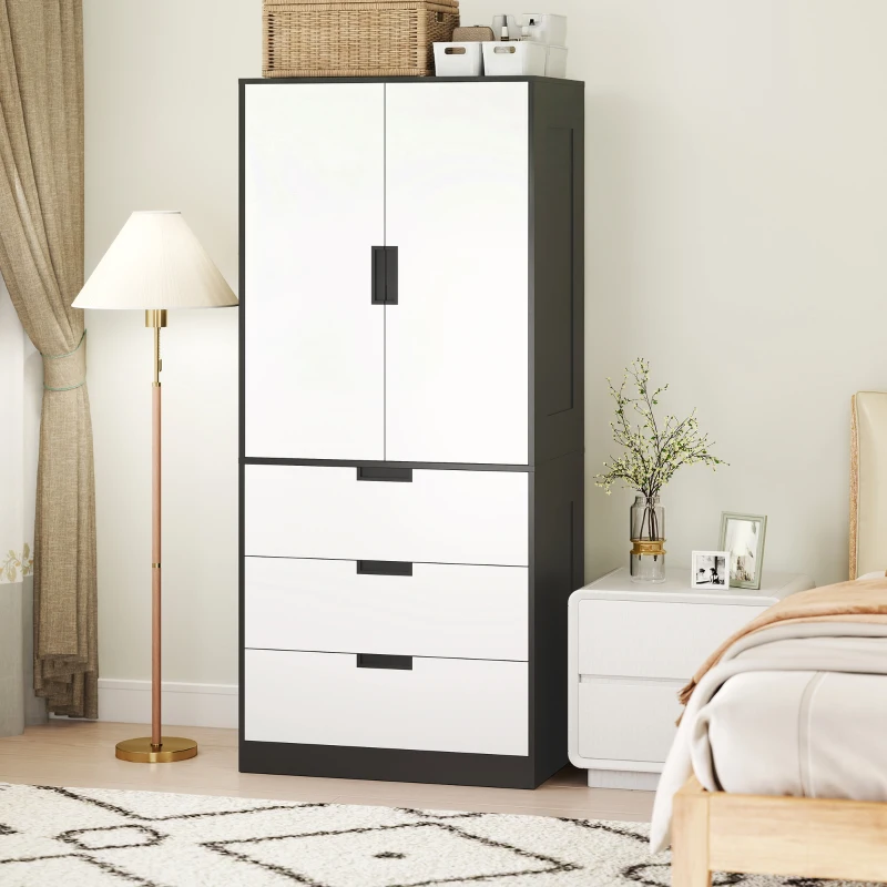 HOMCOM 2 Door Wardrobe, Modern Wardrobe with 3 Drawers and Hanging Rod for Bedroom, Black