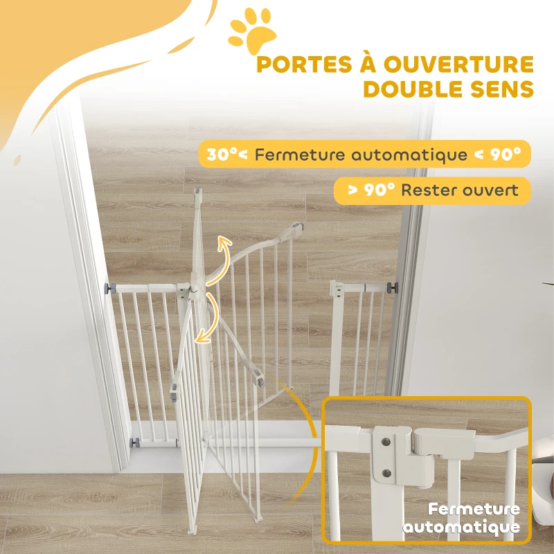 PawHut Barrière de sécurité pour chien extensible 74-100 cm fermeture automatique fixation par pression sans percer blanc