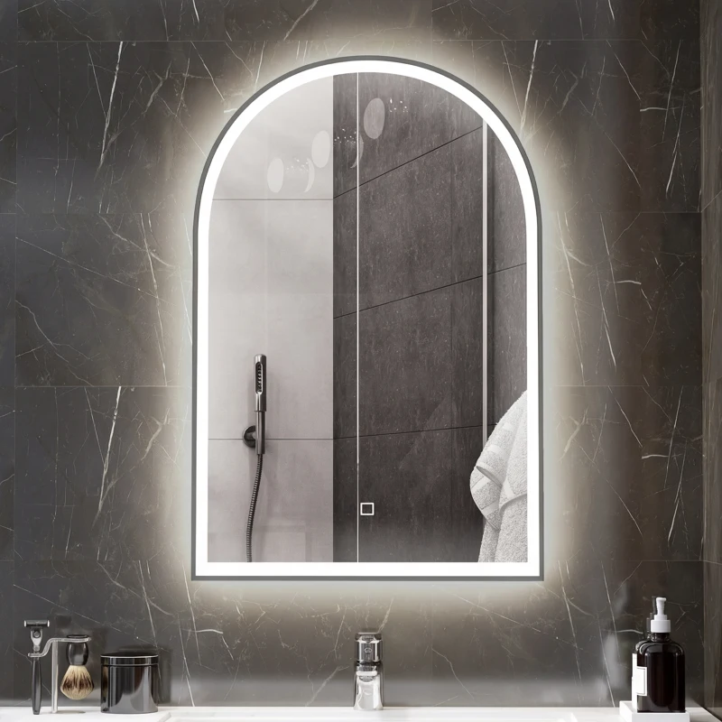 HOMCOM Miroir de salle de bain LED 90 x 60cm, mural, 3 couleurs, arqué cadre en aluminium, désembuage et interrupteur tactile