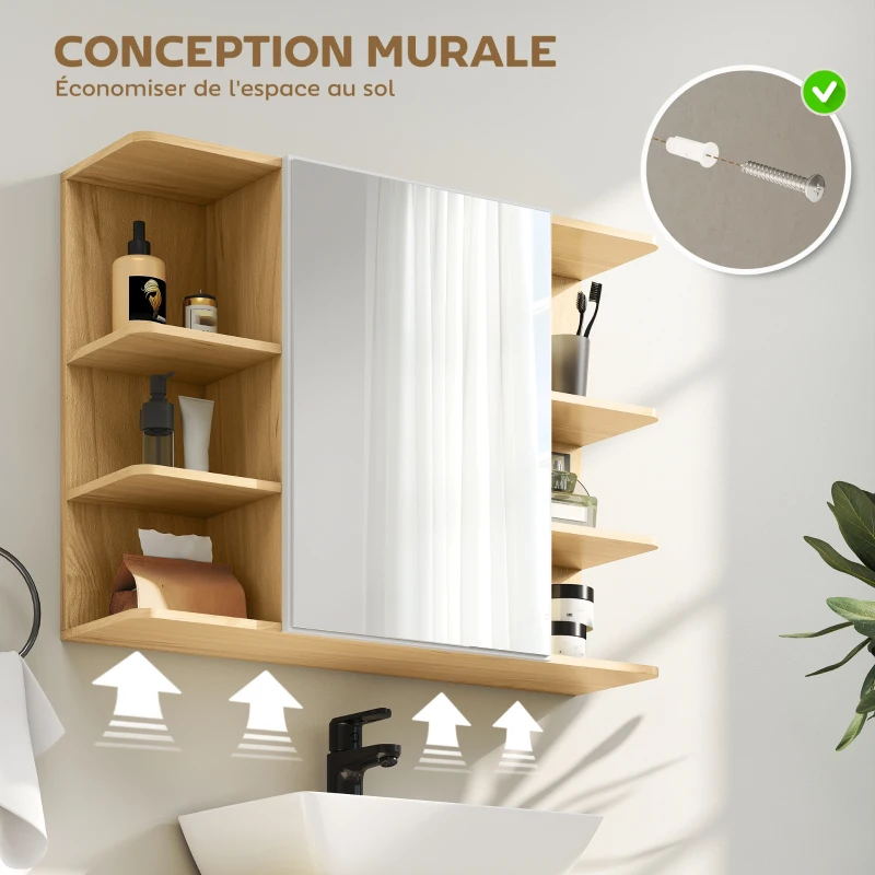 HOMCOM Armoire murale salle de bain avec miroir, meuble salle de bain avec étagères ouvertes, 80 x 20 x 59 cm, bois naturel