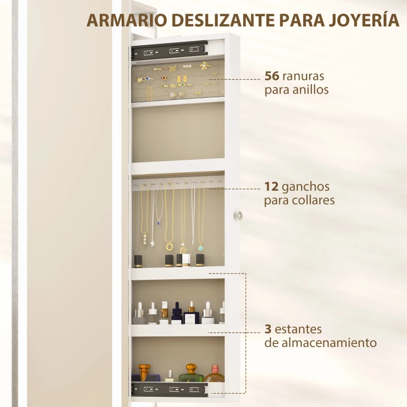 HOMCOM Espejo Joyero con Luces LED Espejo Entero Giratorio de 360° Estantes Abiertos Barras para Colgar Blanco