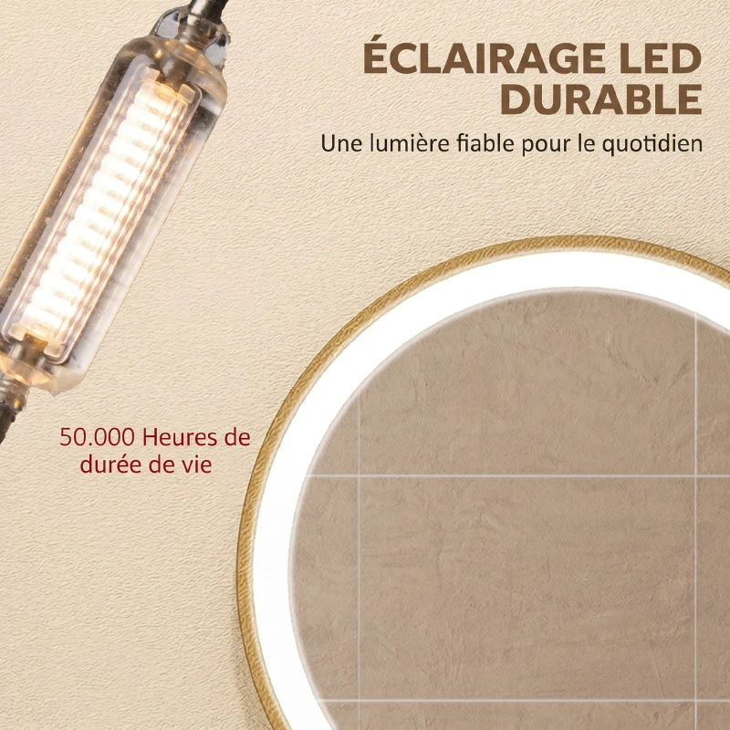 HOMCOM Miroir salle de bain avec éclairage LED rond 40 cm, miroir lumineux mural à 3 températures de couleur, dimmable, doré