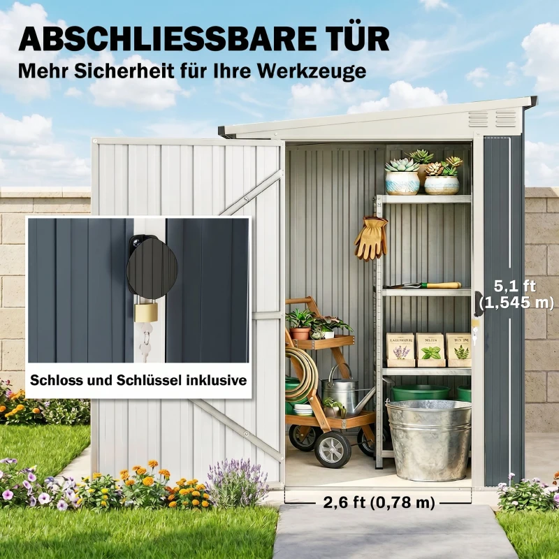 Outsunny Gartenlagerschuppen, Werkzeugschuppen für Gartengeräte, Fenster, Lüftungsöffnungen, abschließbar, Stahl, Dunkelgrau(m-5)
