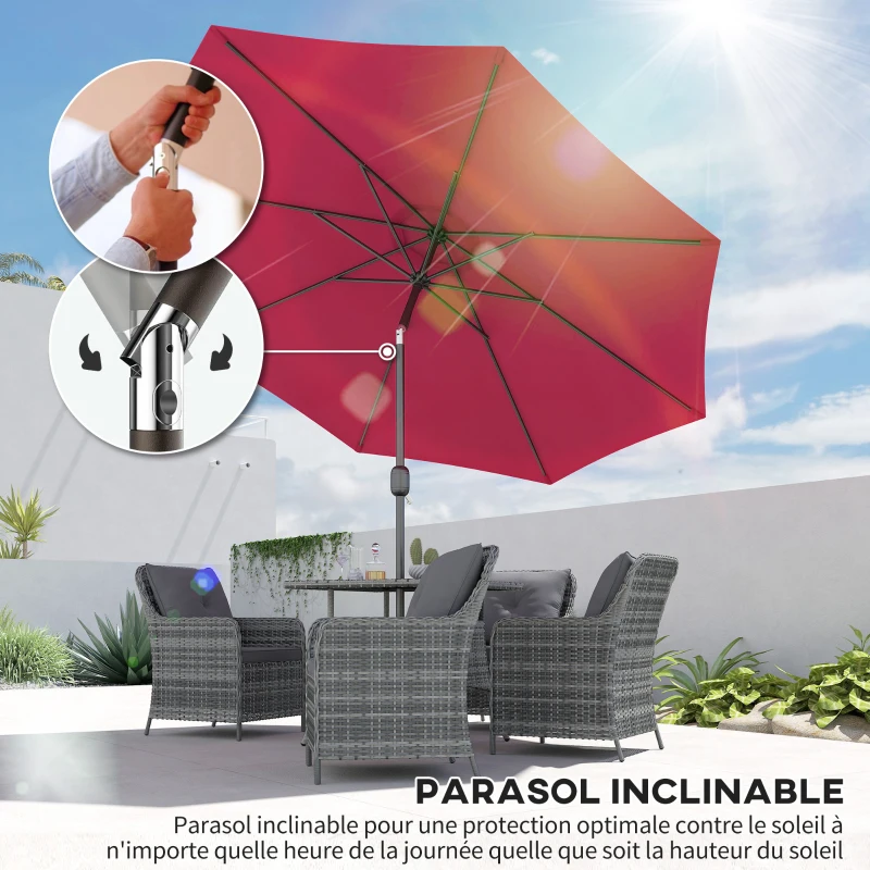 Outsunny Parasol de jardin extérieur Parasol droit inclinable Ø 3 m en métal Rond Polyester 180g/m² manivelle inclinable Bordeaux