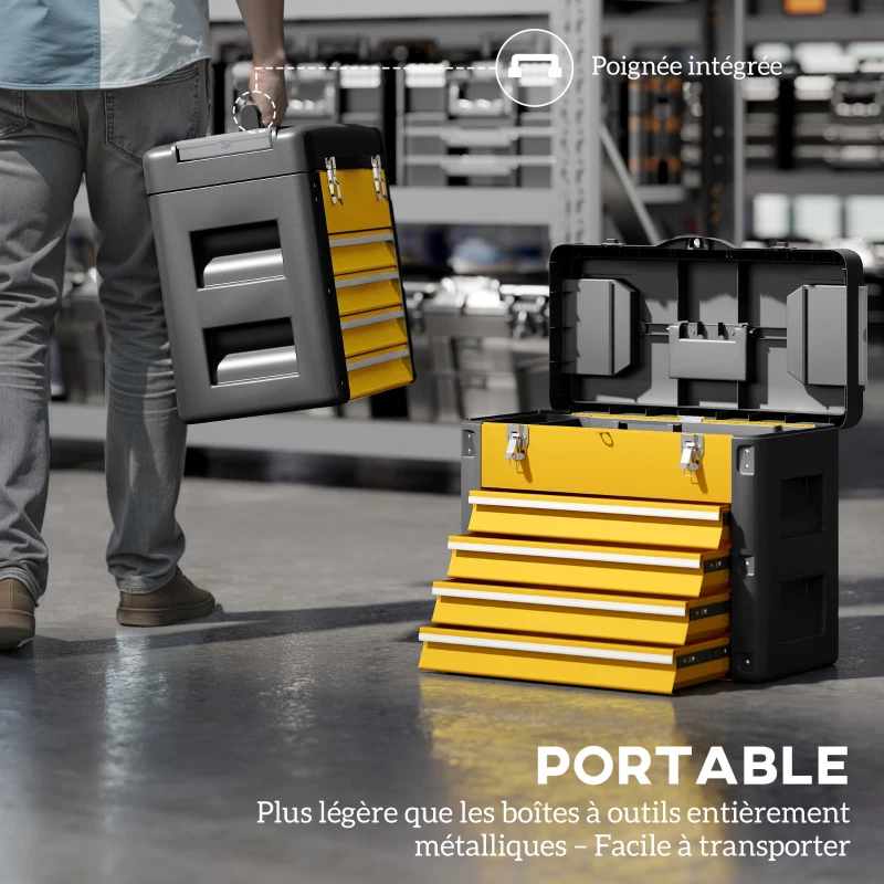 HOMCOM Boîte à outils à 4 tiroirs, caisse à outils en acier thermolaqué avec plateau amovible, 49,7x25,3x40,7cm, jaune