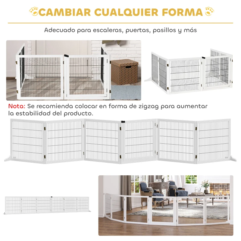 PawHut Barrera de Seguridad para Perros Plegable de Madera para Escaleras y Puertas con Soporte de Pie 432x36x70 cm Blanco