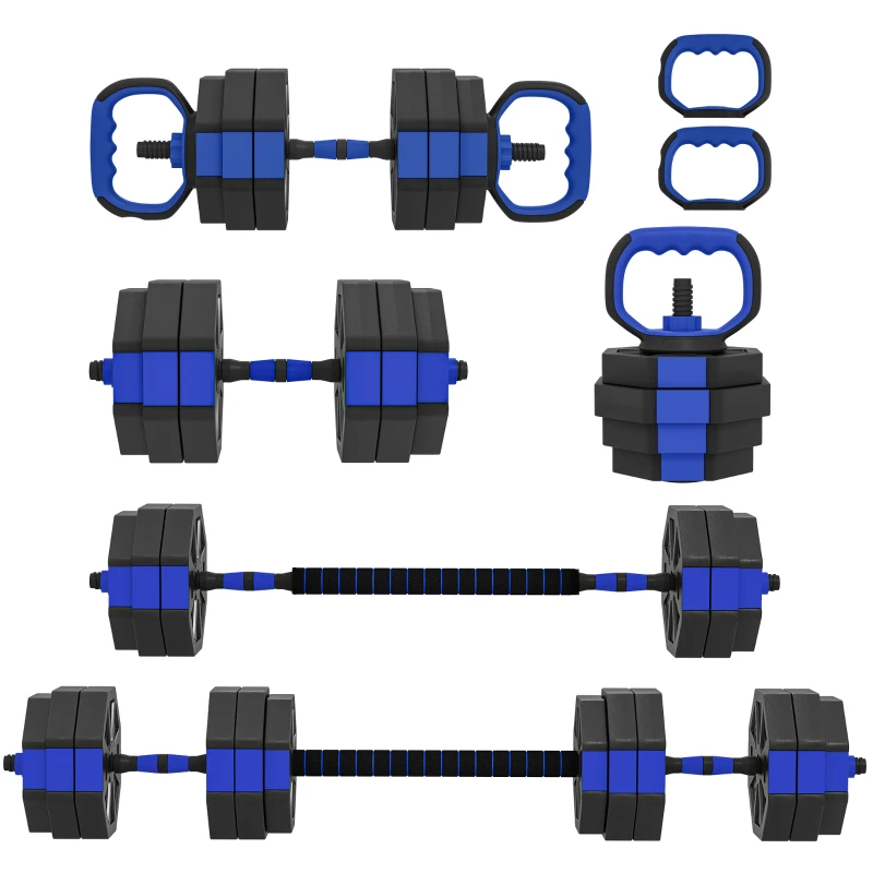 SPORTNOW Ensemble d'Haltères Musculation 6-en-1 Haltère Réglable 30 kg Kettlebell, Barre de Musculation Support pour Pompes Bleu
