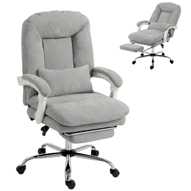 Homcom Silla de Oficina Ergonómica, Sillón Reclinable en Terciopelo con Soporte Lumbar, Altura Ajustable, Gris Claro