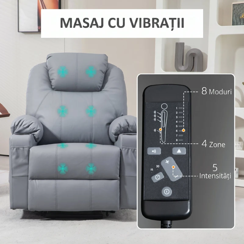 HOMCOM Fotoliu cu Funcție de Ridicare, Reclinabil până la 135°, 8 Puncte de Masaj, Telecomandă și Suport pentru Picioare, 88x99x106 cm, Gri
