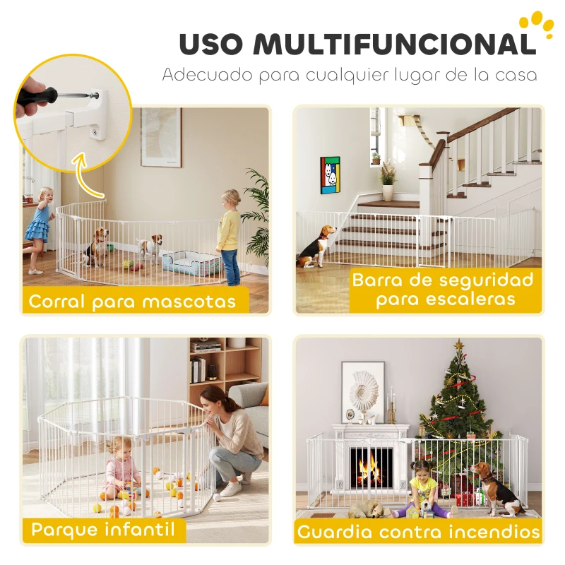 PawHut Barrera para Perros Plegable Valla para Mascotas de 8 Paneles Puerta con Cierre Doble para Escalera Pasillo Blanco