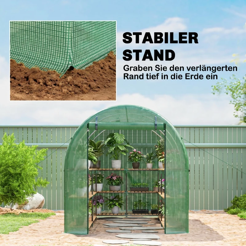 Outsunny Rundbogen-Gewächshaus, 6 Netzfenster, transparente Folie, Metallrahmen, 3,95 x 1,95 x 1,90m, Grün