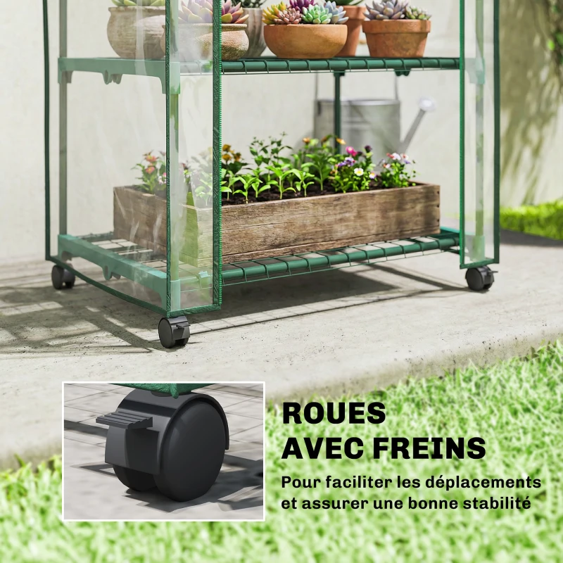 Outsunny Mini serre de jardin avec 3 étagères, bâche PVC haute densité, porte enroulable 4 roulettes 69 x 49 x 130 cm transparent