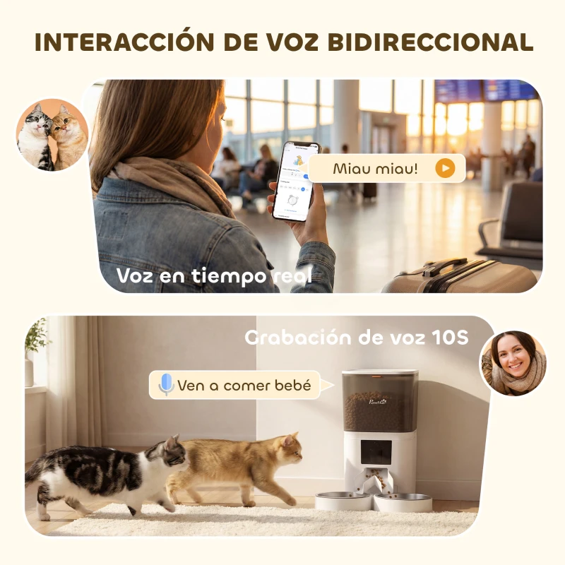 PawHut Comedero Automático 6L WiFi 2.4G con Control App 2 Cuencos Programable 1-10 Comidas Grabadora Voz 10s Fácil de Limpiar