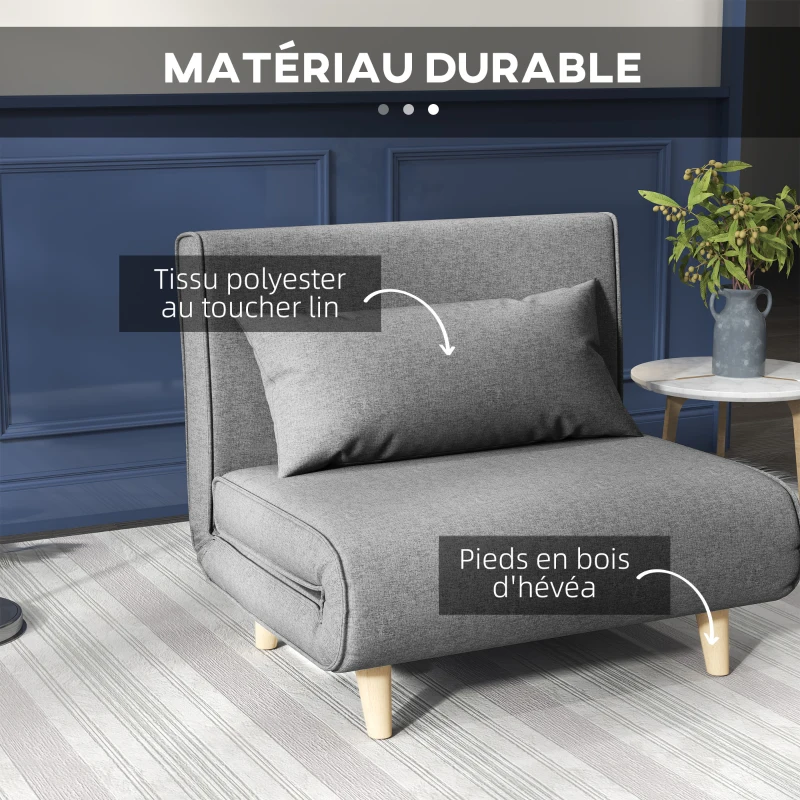 HOMCOM Fauteuil convertible 1 place, fauteuil-lit chauffeuse 3 en 1, dossier réglable, oreiller, tissu en lin, 94x78x80cm, gris