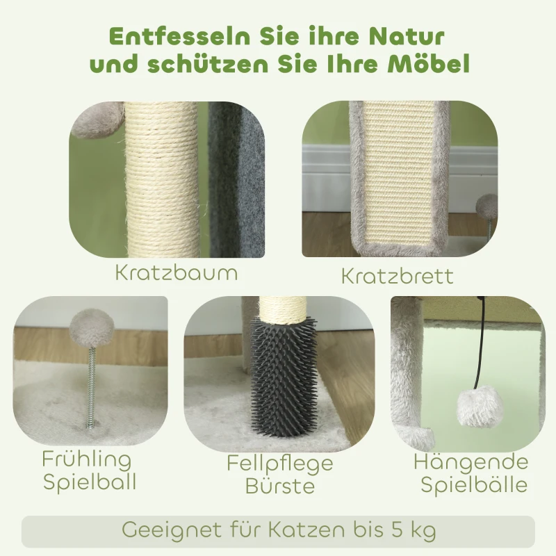 PawHut Kratzbaum 104 cm Katzenbaum mit Katzenhöhle Bett Sisal-Kratzsäulen Kratzbrett Plüschbälle für Katzen bis 5 kg Hellgrau