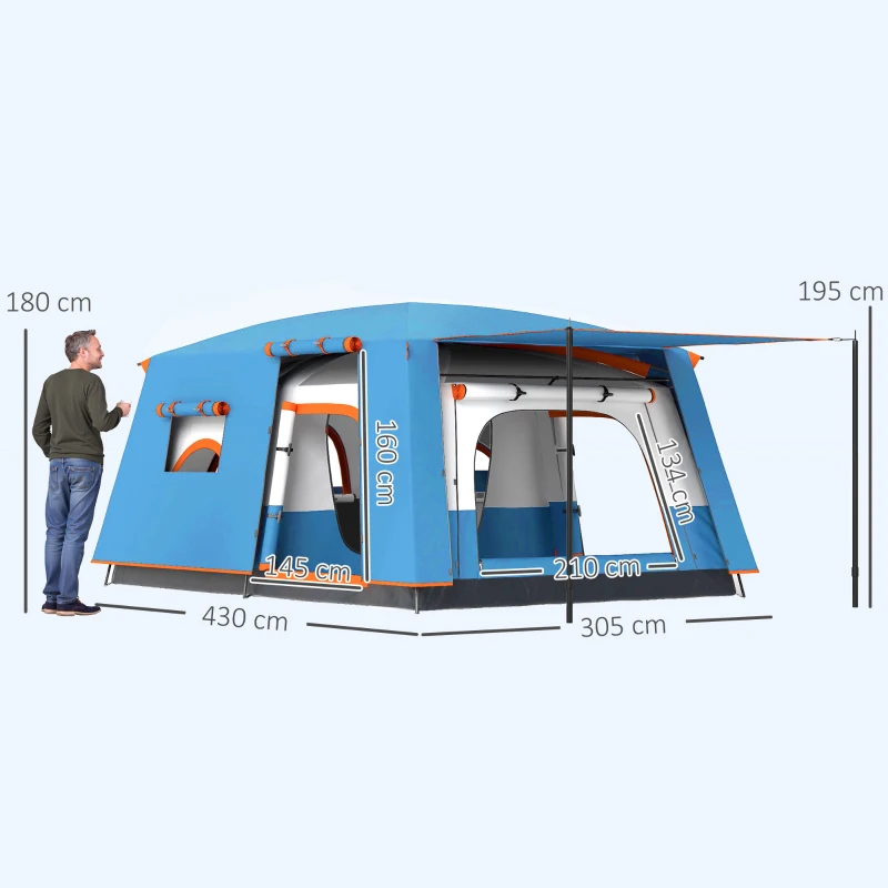 Outsunny Tente de camping familiale 5 personnes, tente tunnel imperméable, portes + fenêtres, 4,3 x 3 x 1,95 m, bleu