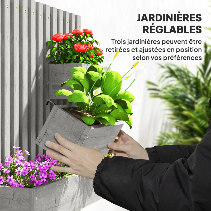Outsunny Jardinière murale potager avec 3 bacs en bois massif amovibles, tissu non tissé, 60 x 16 x 80 cm gris