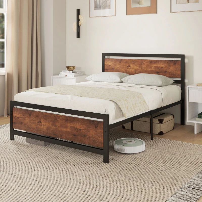 HOMCOM Cadre de lit double en acier avec sommier et tête de lit compatible matelas 190 x 140 cm brun rustique