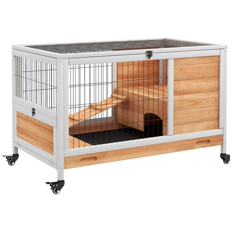 PawHut Clapier lapin intérieur clapier pour cochon d'inde en bois avec toit ouvrant et roulettes 90 x 53 x 59 cm jaune et blanc